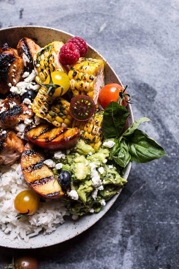 BBQ Chicken and Grilled Corn Rice Bowls with Berry Smashed Avocado | halfbakedharvest.com @hbharvest