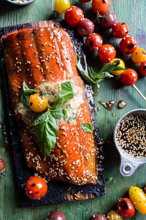 Cedar Plank Grilled Sesame Salmon with Kimchi Miso Butter and Grilled Tomatoes | halfbakedharvest.com @hbharvest