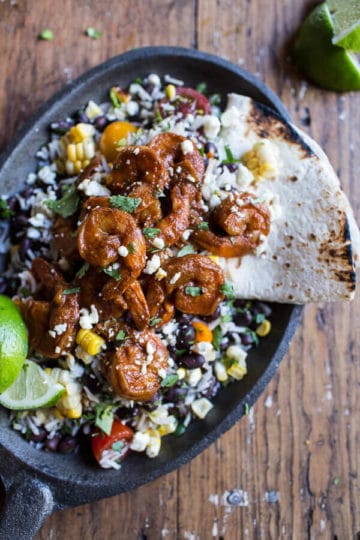 Chipotle Enchilada Shrimp with Rice and Beans.