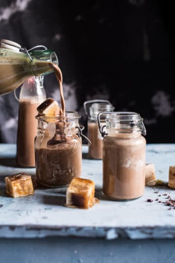 Chocolate Almond Milk with Creamy Malted Coffee Ice Cubes.