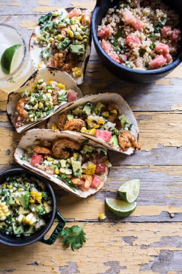 Zesty Grilled Shrimp Tacos with South of the Border Corn and Cotija Salsa.