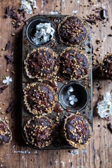 Double Chocolate Coconut oil Zucchini Muffins with Caramelized Buckwheat.
