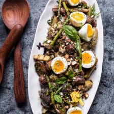 Grilled Potato Salad with Almond-Basil Chimichurri and 7-Minute Eggs.