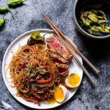 30 Minute Korean Stir Fried Shishito Pepper Rainbow Veggie Noodles with Seared Tuna.