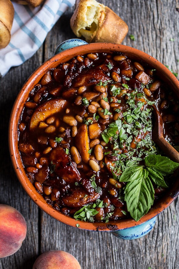 Bourbon Peach BBQ Baked Beans | halfbakedharvest.com @hbharvest