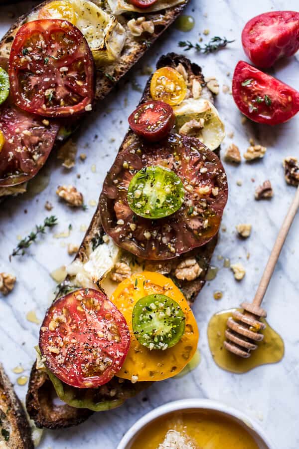 Buttered Brie and Heirloom Tomato Toast with Honey, Thyme + Walnuts | halfbakedharvest.com @hbharvest