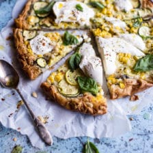 Zucchini and Roasted Sweet Corn Provolone Phyllo Pizza with Truffle Oil.