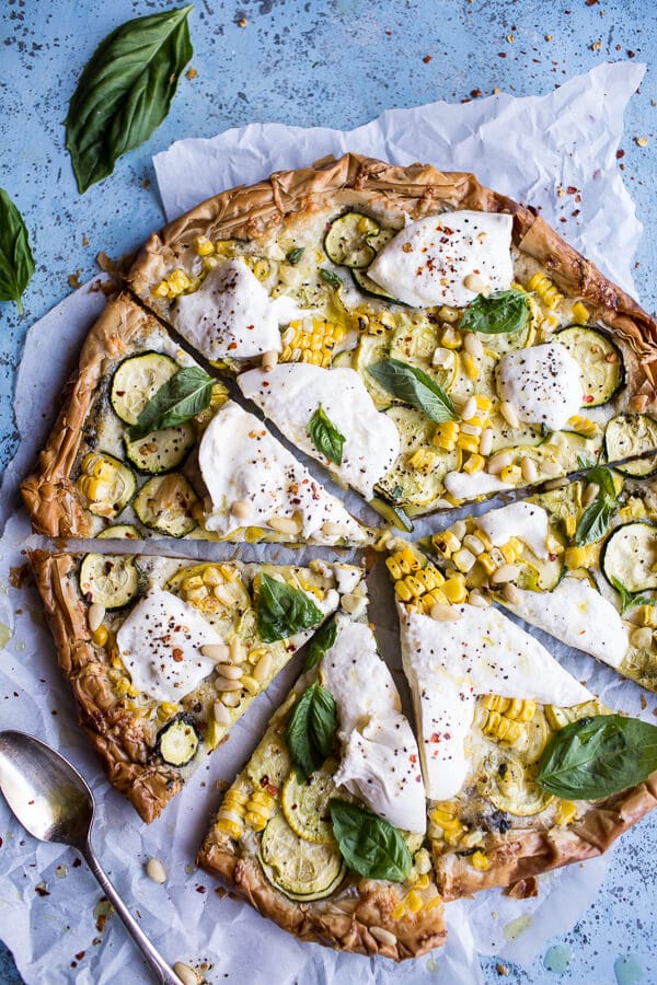Zucchini and Roasted Sweet Corn Provolone Phyllo Pizza with Truffle Oil | halfbakedharvest.com @hbharvest