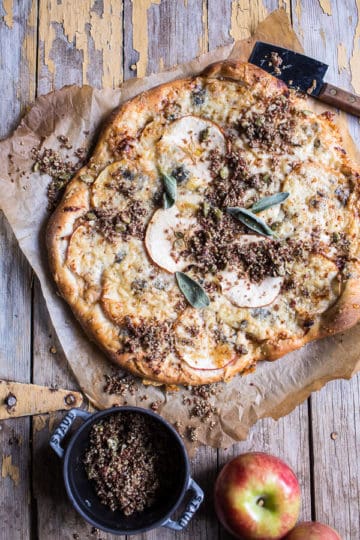 Apple and Caramelized Onion Pizza with Pumpkin Seed Pangrattato.