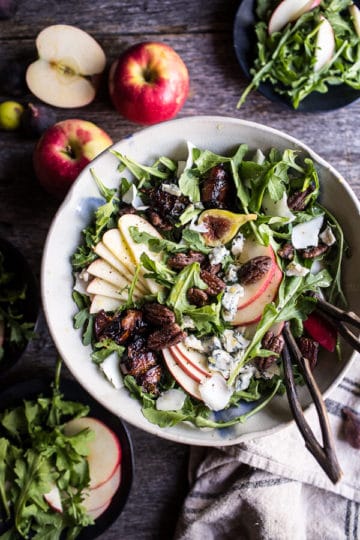 Bacon Wrapped Fig and Honeycrisp Apple Salad with Salted Caramel Pecans.
