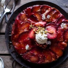 Brown Butter Plum Up-Side Down Yogurt Cake with Pistachios.