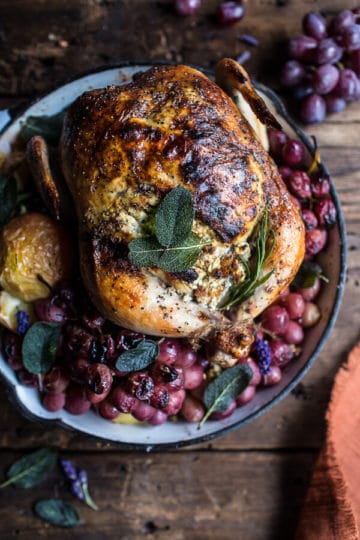 Fall Harvest Cider Roasted Chicken with Walnut Goat Cheese + Grapes.