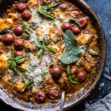 One-Pan Spinach and Cheese Gnocchi with Roasted Garlic Tomato Cream Sauce.