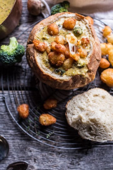 Broccoli Cheddar Soup with Fried Cheese Curds.