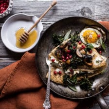 Buttered Hazelnut Crepes with Caramelized Wild Mushrooms, Kale and Goat Cheese.
