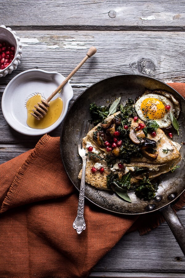 Buttered Hazelnut Crepes with Caramelized Wild Mushrooms, Kale and Goat Cheese | halfbakedharvest.com @hbharvest