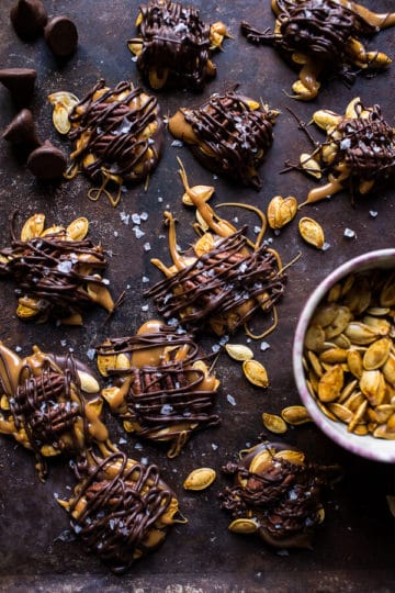 Chocolate Covered Roasted Pumpkin Seed Turtle Clusters.