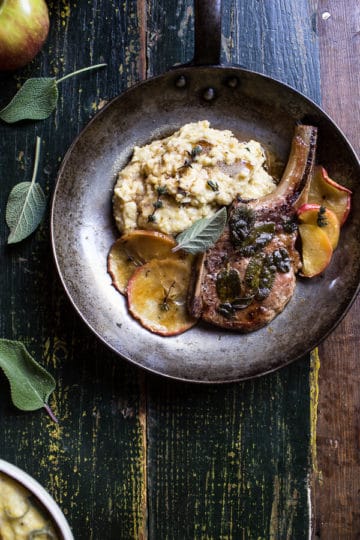 Cider Apple and Sage Roasted Pork Chops with Brown Butter Gorgonzola Polenta.