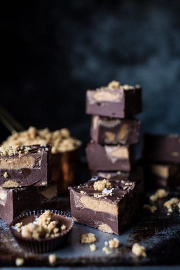 Easy Peanut Butter Cup Fudge with Salted Bourbon Sugar.