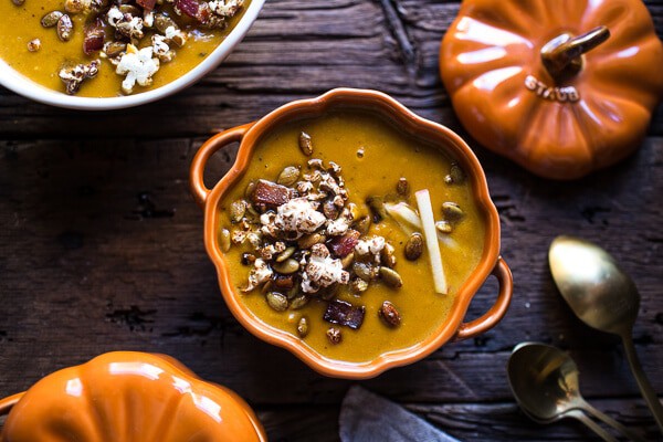 Smoky Pumpkin Beer and Cheddar Potato Soup with Candied Bacon Popcorn | halfbakedharvest.com @hbharvest