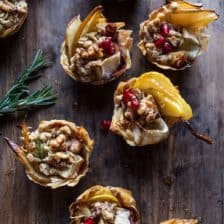 Crispy Prosciutto Baked Brie Bites with Honey Pears + Walnuts.