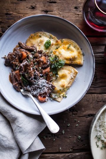 Crockpot Braised Red Wine Short Ribs with Cheddar Potato Perogies.