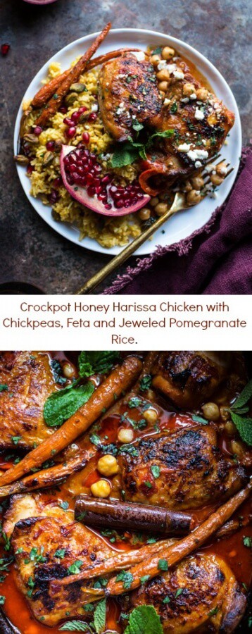 Crockpot Honey Harissa Chicken with Chickpeas, Feta and Jeweled Pomegranate Rice | halfbakedharvest.com @hbharvest