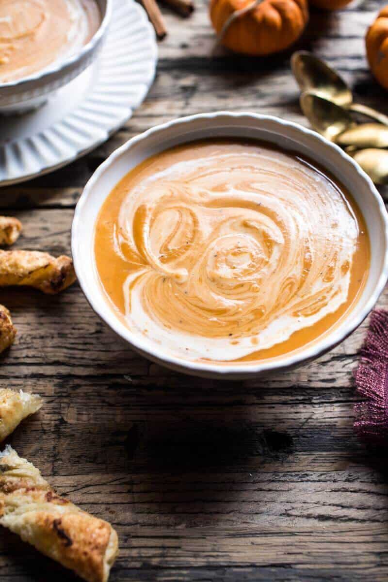 Maple Cream Sweet Potato Soup with Cheddar Cinnamon Sugar Twist | halfbakedharvest.com @hbharvest