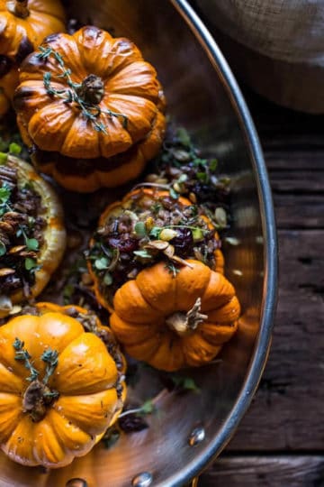 Nutty Wild Rice and Shredded Brussels Sprout Stuffed Mini Pumpkins.