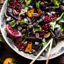 Winter Beet and Pomegranate Salad with Maple Candied Pecans + Balsamic Citrus Dressing.