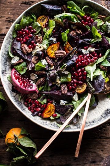Winter Beet and Pomegranate Salad with Maple Candied Pecans + Balsamic Citrus Dressing.