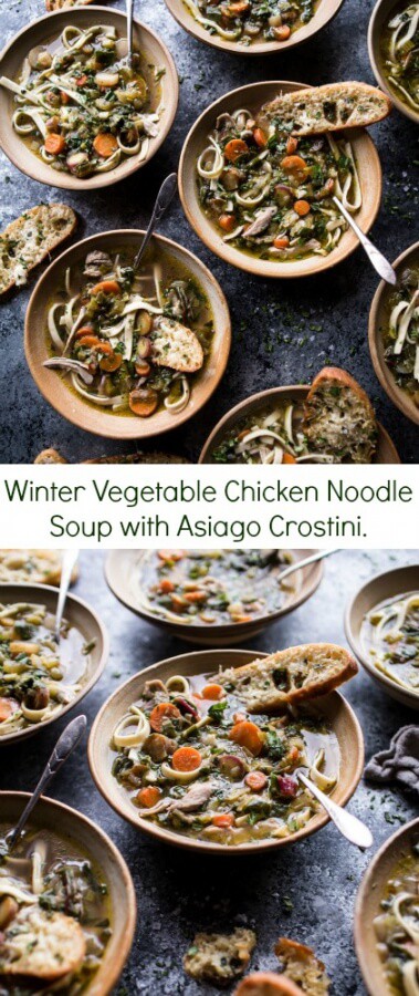 Winter Vegetable Chicken Noodle Soup with Asiago Crostini | halfbakedharvest.com @hbharvest