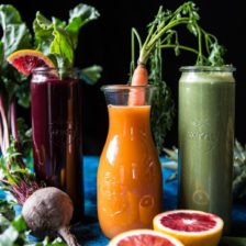 Red’s 3 Favorite Winter Juices and Smoothies: Protein Packed Matcha Smoothie/Citrus Beet Juice/Tropical Carrot Juice.