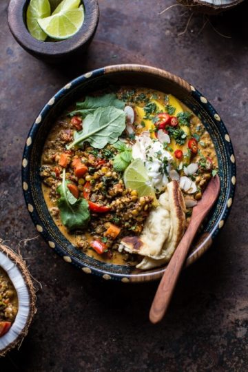 Simple Coconut Quinoa and Lentil Curry with Lime Mango + Video.