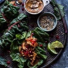 Sweet Thai Chile Chicken Swiss Chard Wraps with Peanut Ginger Sauce.