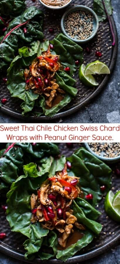 Sweet Thai Chile Chicken Swiss Chard Wraps with Peanut Ginger Sauce | halfbakedharvest.com @hbharvest