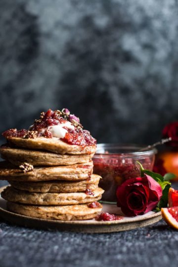 Coconut Quinoa Pancakes with Citrus Whipped Ricotta and Rosy Blood Orange Jam.