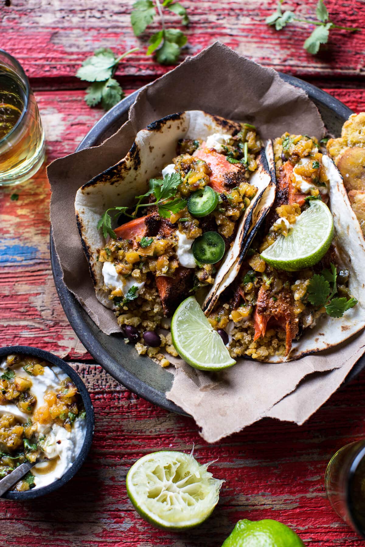 Jamaican Jerk Fish Tacos with Plantain Fried Rice and Pineapple Salsa | halfbakedharvest.com @hbharvest
