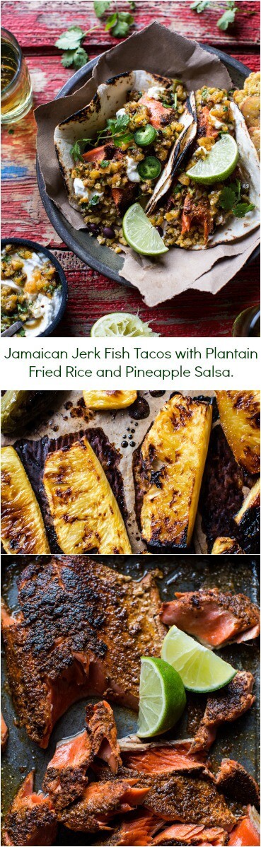 Jamaican Jerk Fish Tacos with Plantain Fried Rice and Pineapple Salsa | halfbakedharvest.com @hbharvest