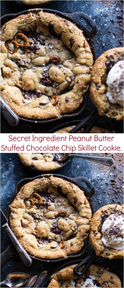 Secret Ingredient Peanut Butter Stuffed Chocolate Chip Skillet Cookie | halfbakedharvest.com @hbharvest