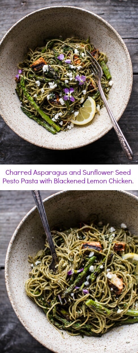 Charred Asparagus and Sunflower Seed Pesto Pasta with Blackened Lemon Chicken | halfbakedharvest.com @hbharvest