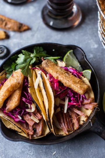 Corned Beef Tacos with Beer Battered Fries.