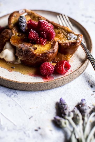 Whipped Cream Cheese Stuffed French Toast with Raspberries.
