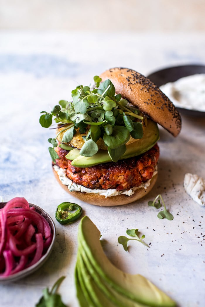 Blackened Salmon Burgers with Herbed Cream Cheese | halfbakedharvest.com #salmon #recipe #easy #healthy