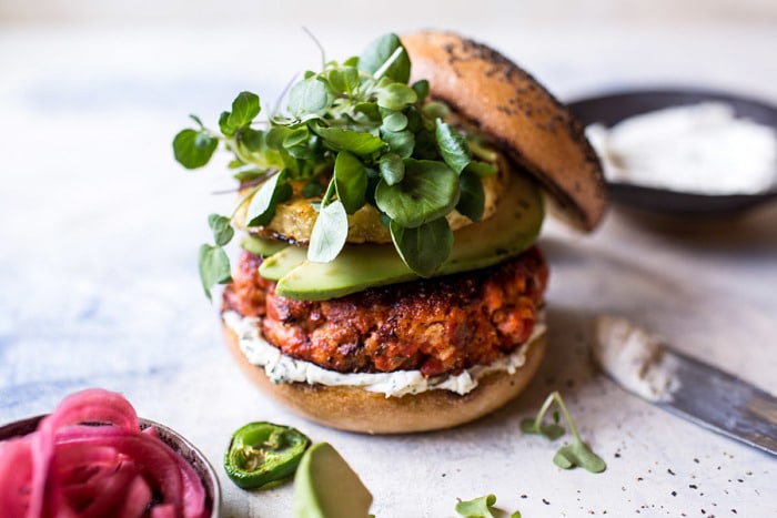 Blackened Salmon Burgers with Herbed Cream Cheese | halfbakedharvest.com #salmon #recipe #easy #healthy