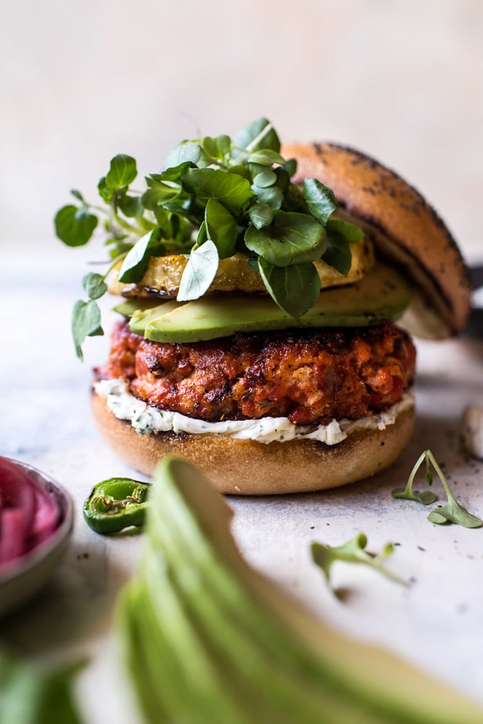 Blackened Salmon Burgers with Herbed Cream Cheese | halfbakedharvest.com #salmon #recipe #easy #healthy