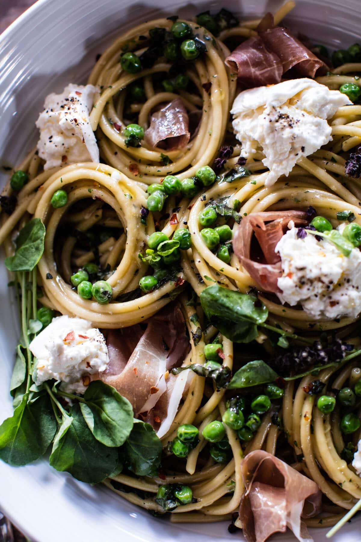 Simple Buttery Spring Pea and Burrata Pasta with Prosciutto | halfbakedharvest.com @hbharvest