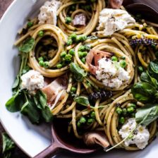 Simple Buttery Spring Pea and Burrata Pasta with Prosciutto.