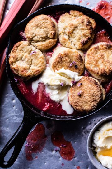 Strawberry Rhubarb Cobbler with Honey Butter Biscuits.