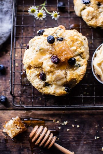 Blueberry Brie Cornbread Biscuits with Honey Butter.